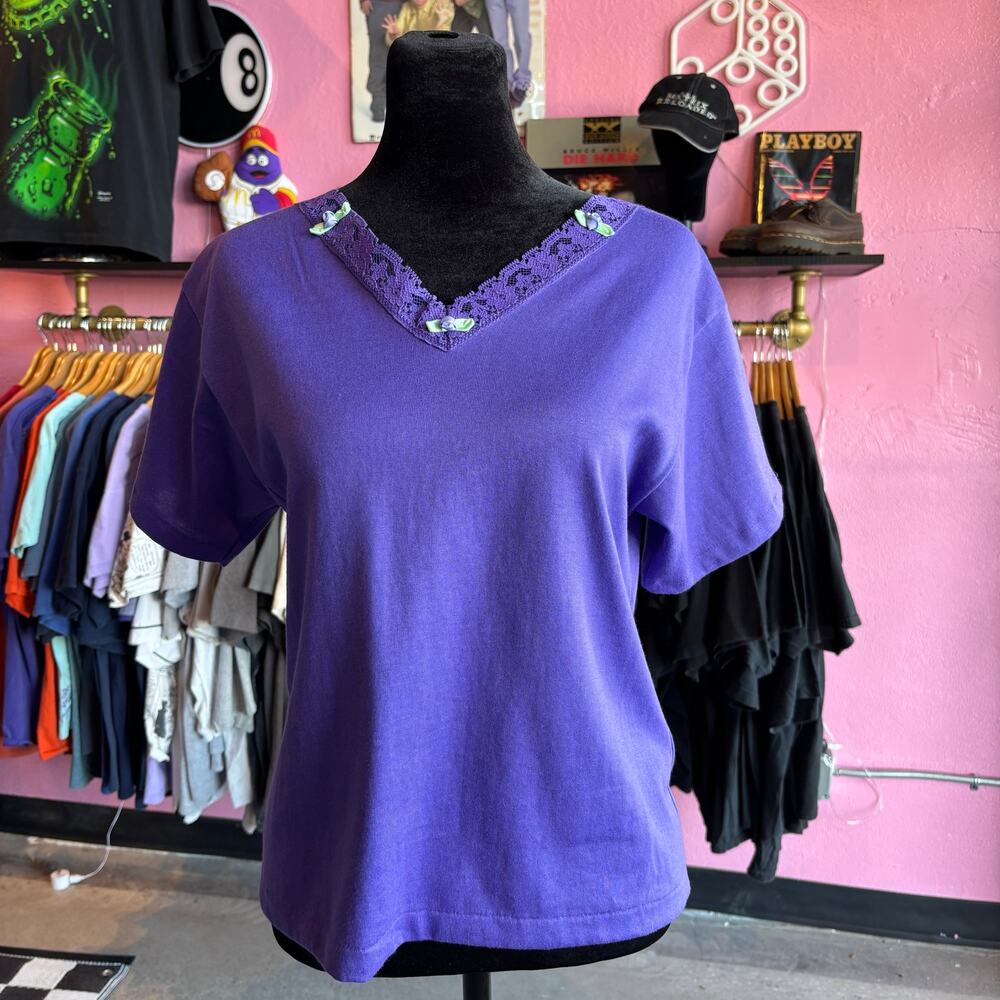 Vintage 90s Hart Street Purple Floral and Lace Dainty Top Size Small